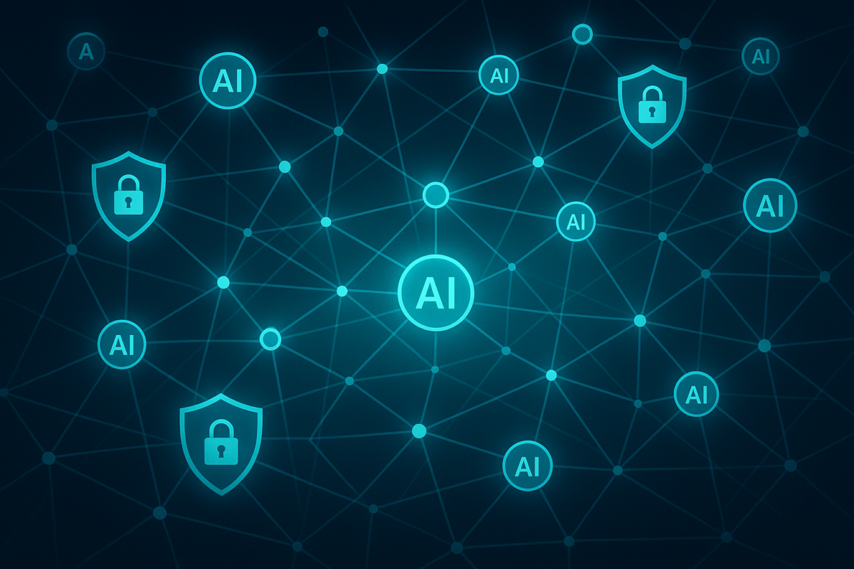 AI agent security network with connected nodes and security shields