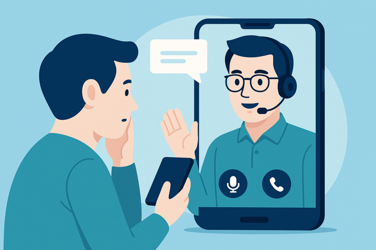 Remote support technician helping customer via video call on mobile