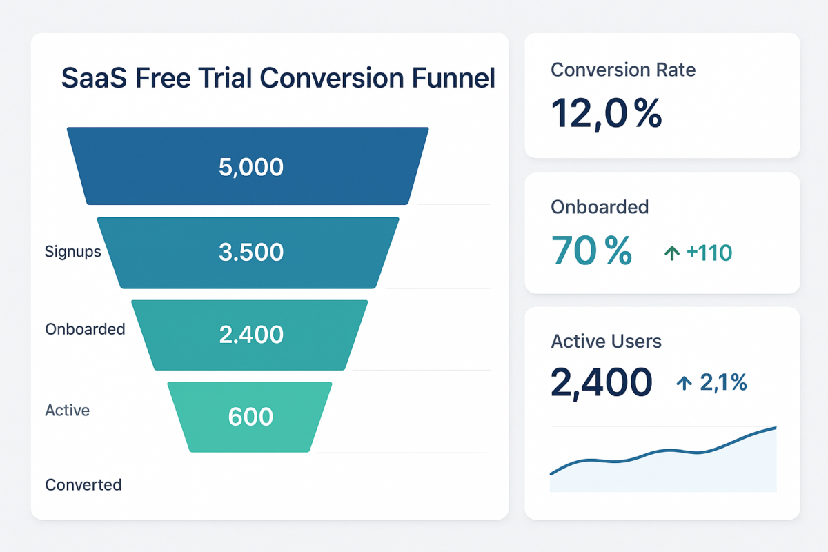 SaaS free trial conversion funnel dashboard with analytics metrics