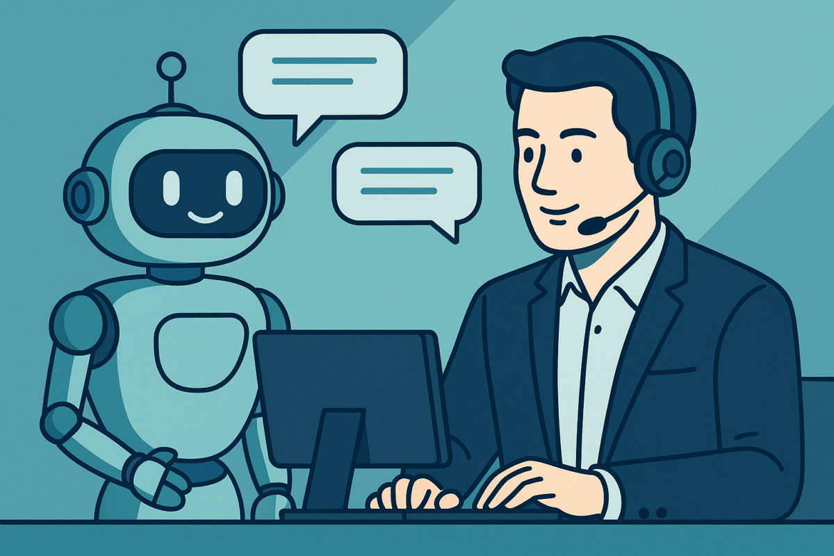AI chatbot and human customer service agent side by side showing automation vs human touch