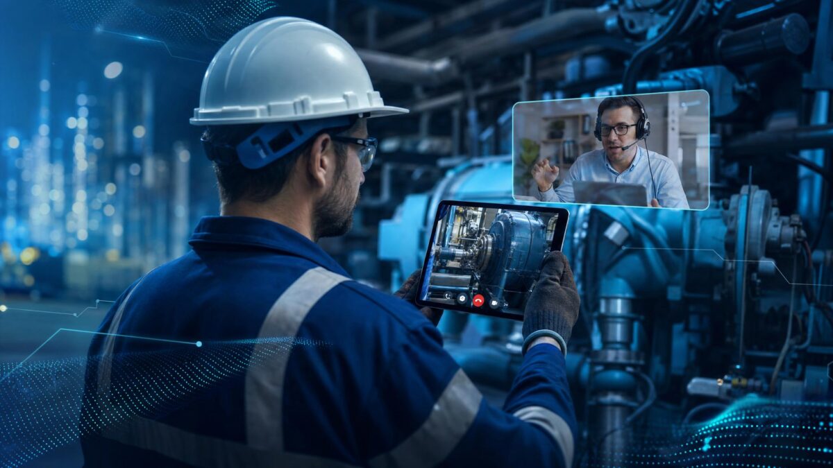 Field service technician and remote expert reviewing no fault found return decision via live video