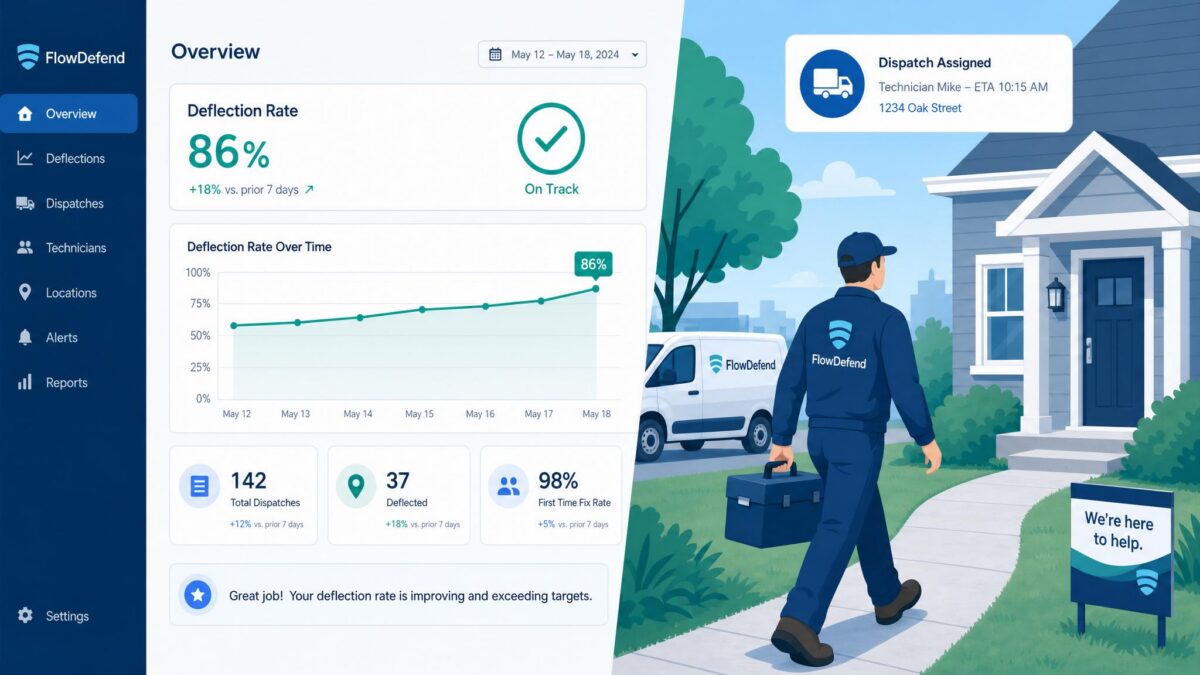 Split illustration showing an AI deflection dashboard on the left with rising metrics, and a field service technician arriving at a home with a toolbox on the right — representing the gap between AI deflection and actual field service resolution