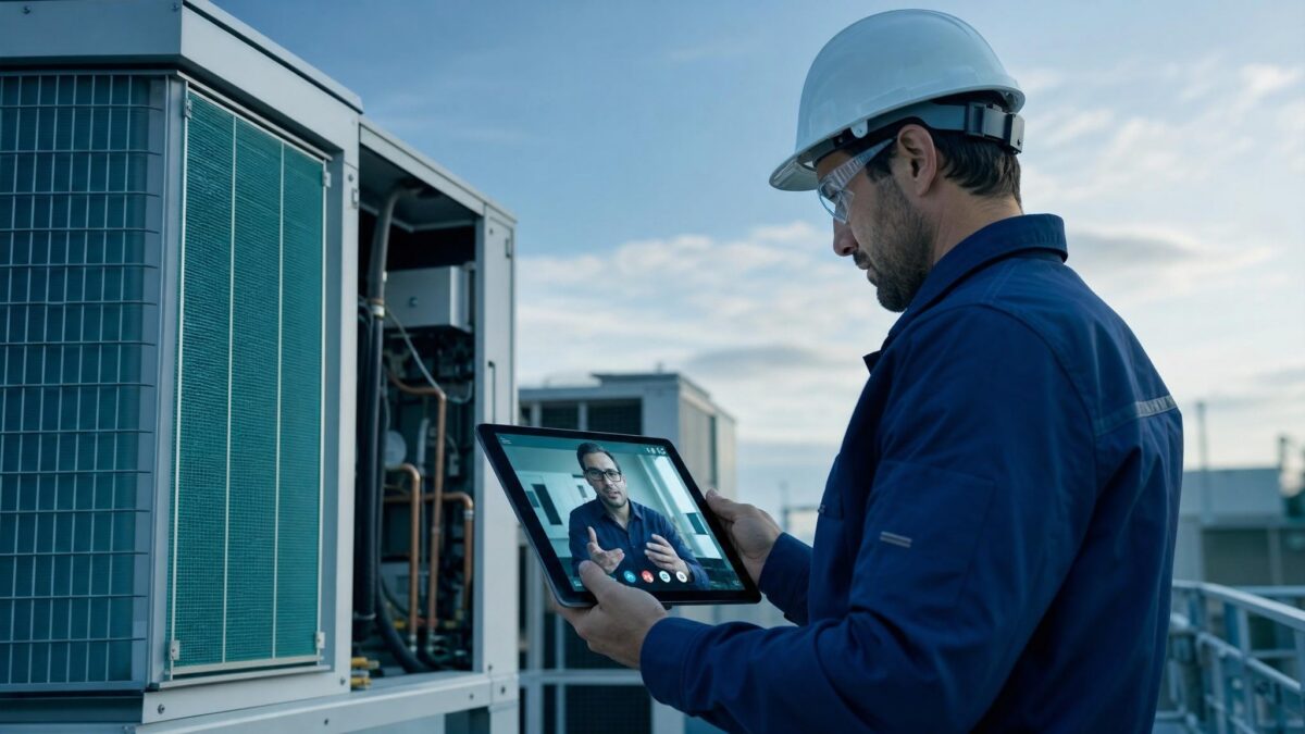 Field technician using remote visual support on a tablet beside HVAC equipment