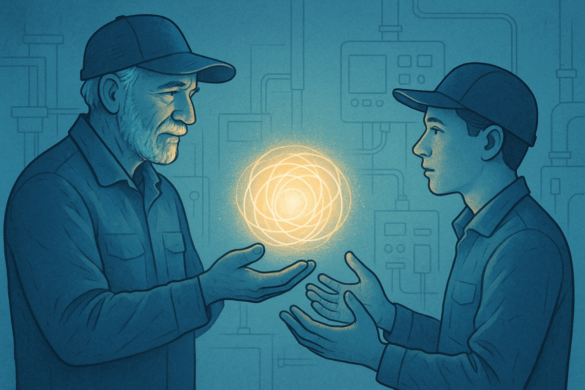 Field technician knowledge transfer — senior tech guiding junior remotely via live video