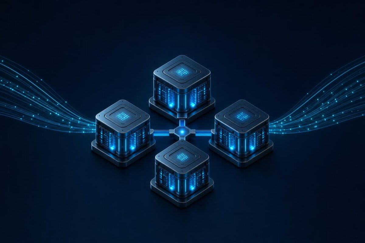 Abstract local AI hardware cluster with a visible inference bottleneck