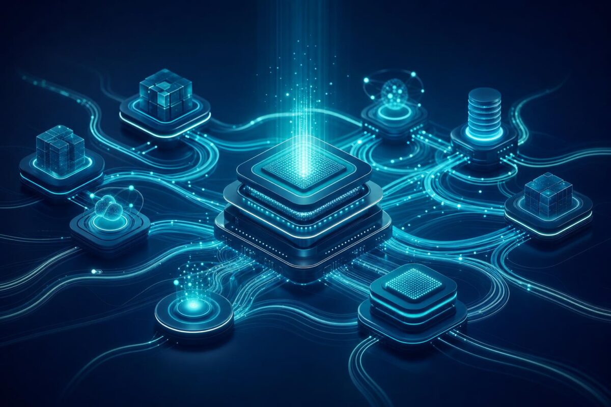 Abstract AI agent infrastructure showing orchestration around model compute