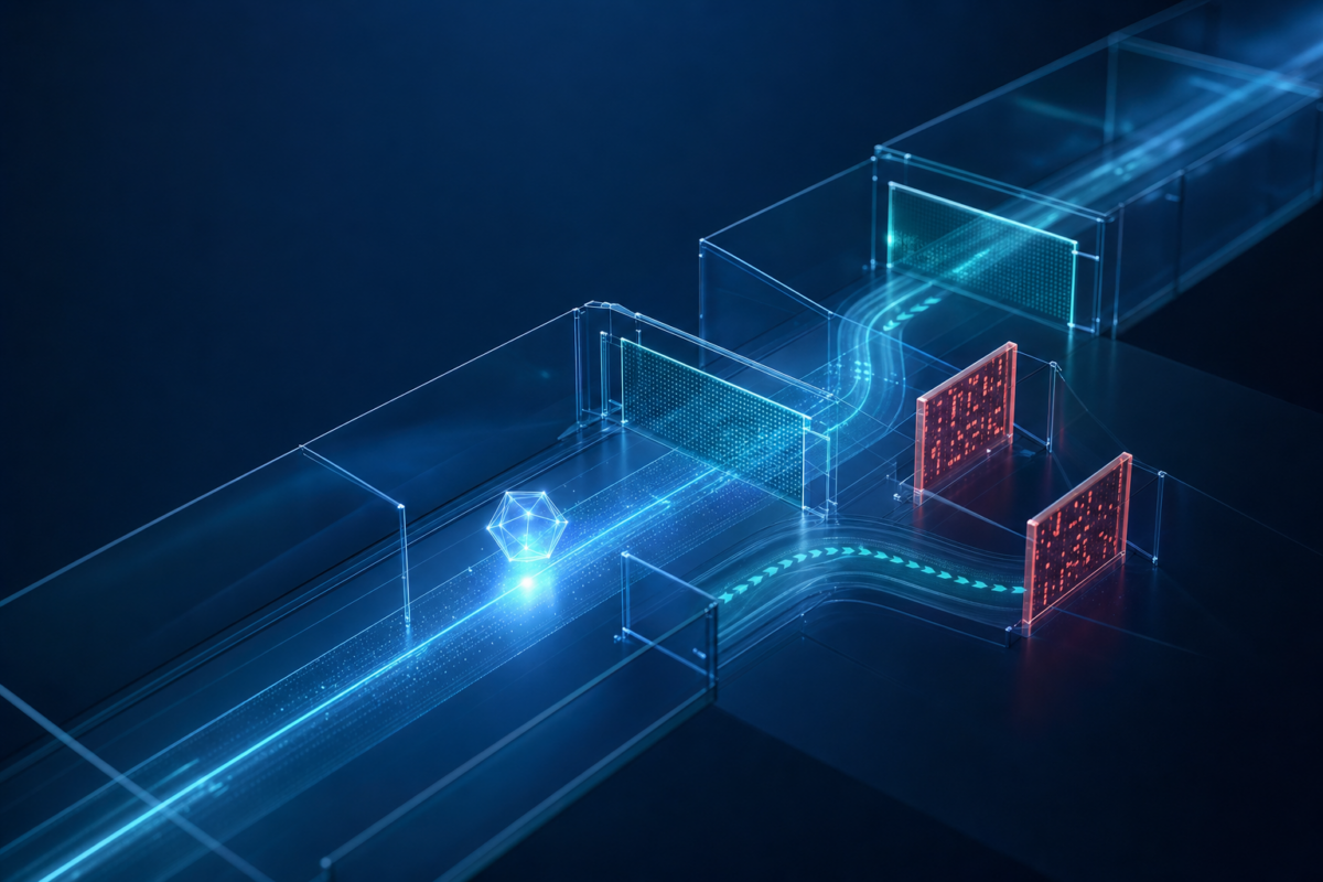 Abstract blue and teal AI agent testing crash-test environment