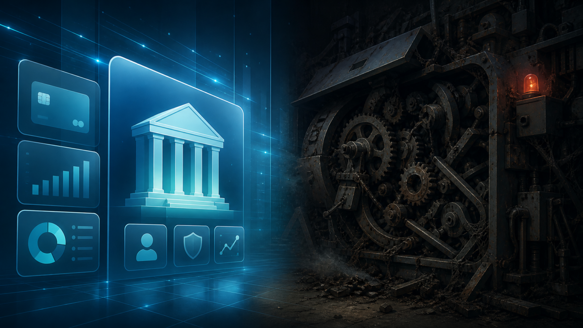 AI agents handle customer service tasks on a glowing banking screen while a jammed physical machine sits in shadow, unresolved