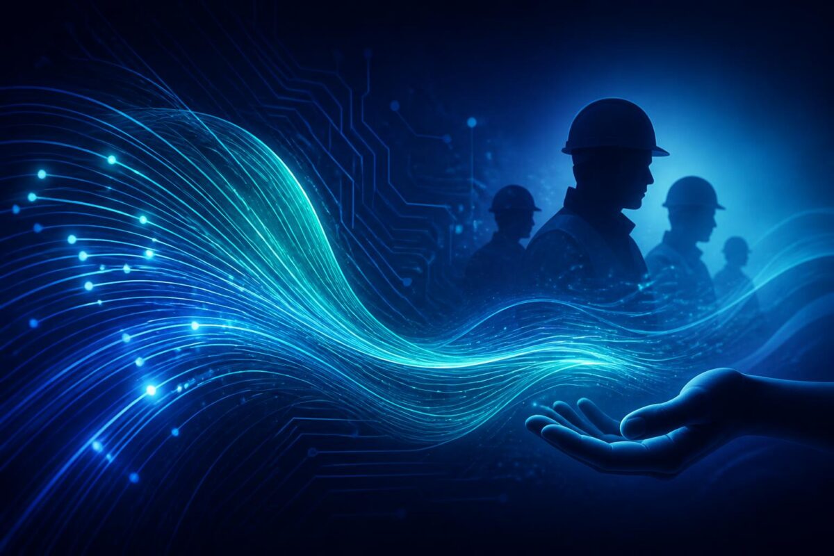 Abstract blue and teal fiber-optic strands flowing toward hard-hat worker silhouettes and an open hand