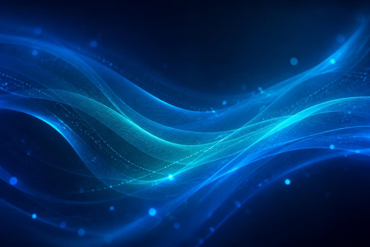 Abstract blue and teal waves representing AI-written support tickets flowing into a queue