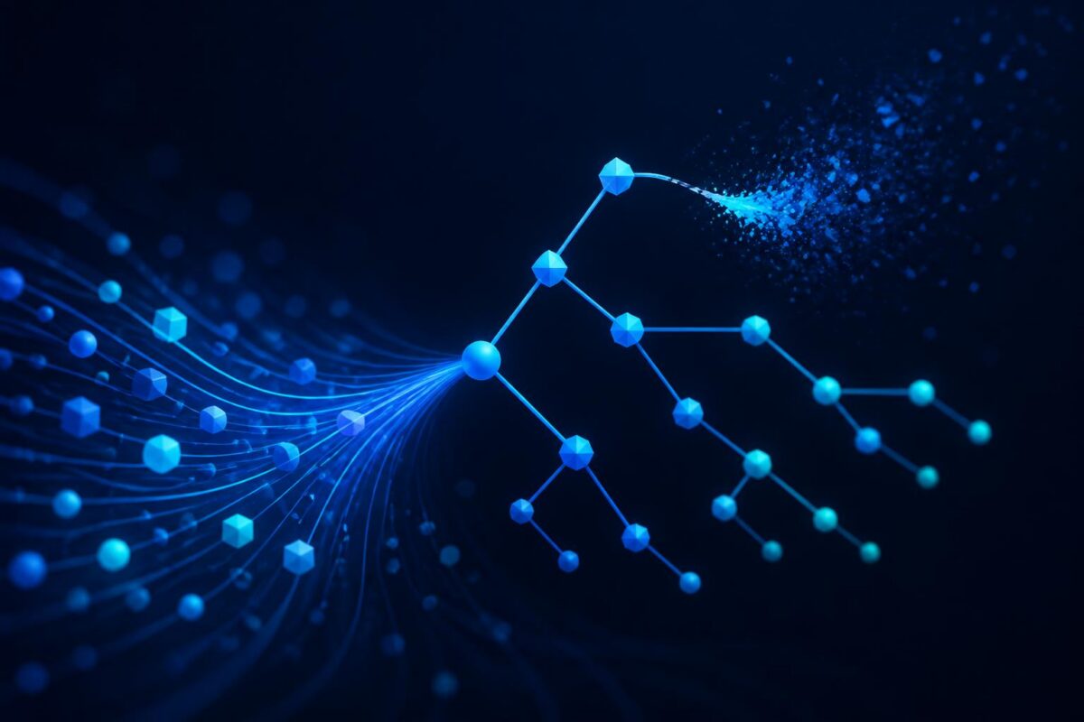 Abstract blue and teal decision-tree pattern symbolizing automated decisions in business systems