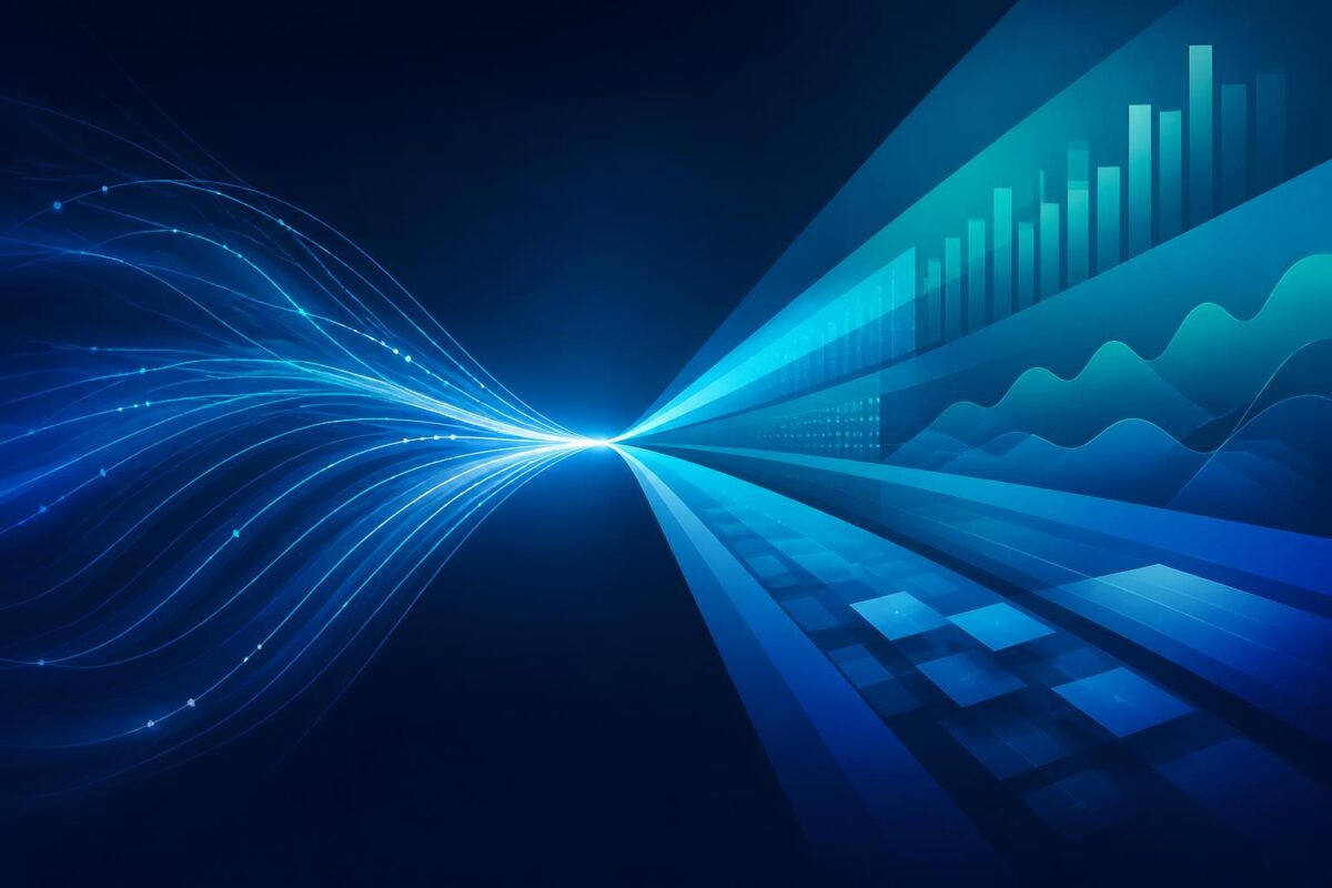 Abstract blue and teal illustration of enterprise AI spending flowing toward a single focal point