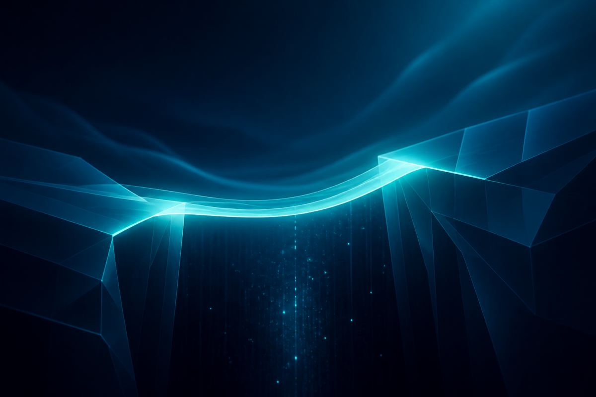 Abstract blue and teal illustration of a glowing bridge over a dark chasm, symbolizing the resolution gap in AI customer support