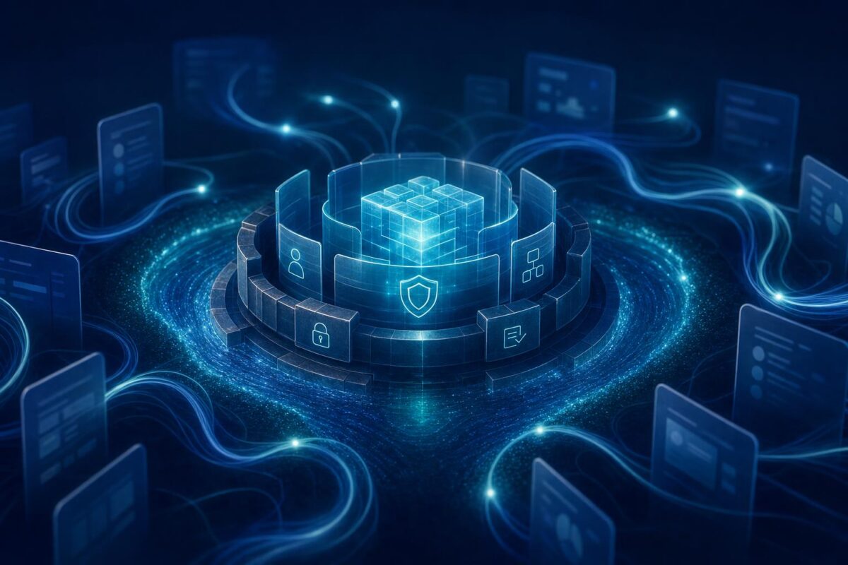 Abstract blue and teal agent workflow illustrating a durable SaaS moat