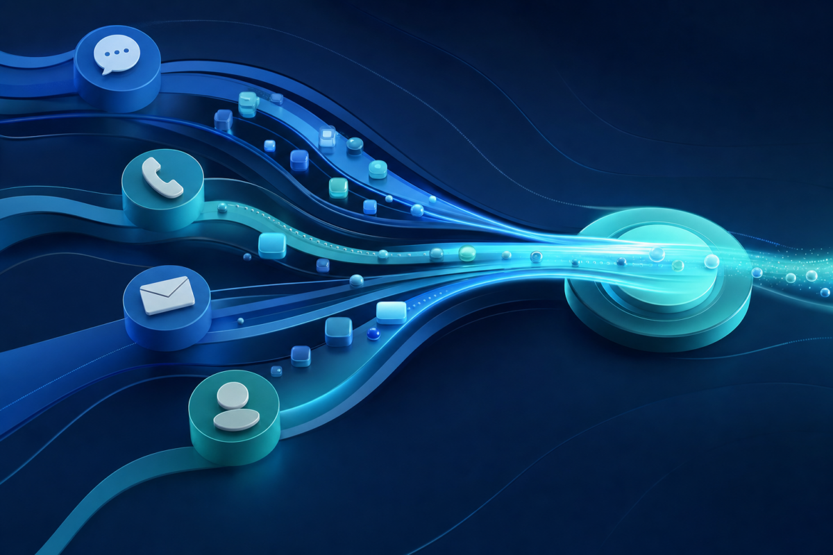 Cross-channel support shown as connected blue and teal pathways carrying customer context