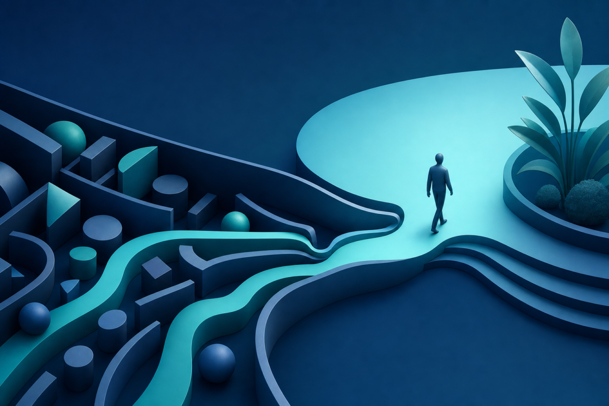 Abstract customer support environment showing a clear path through service friction