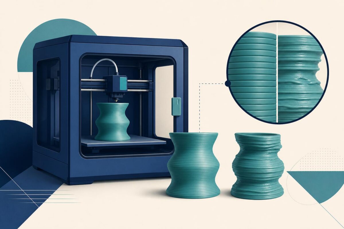 3d printer support illustration showing an enclosed 3D printer and different print outcomes