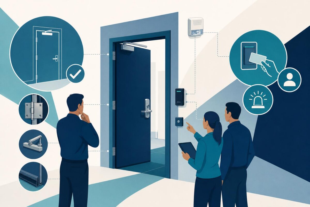 Access control support illustration showing an access-controlled door and distinct hardware observations