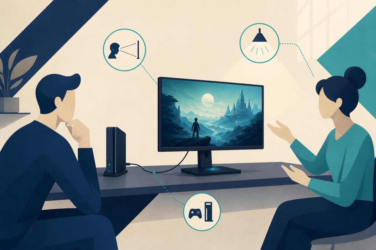 Monitor placement and viewing context discussed at a gaming workspace