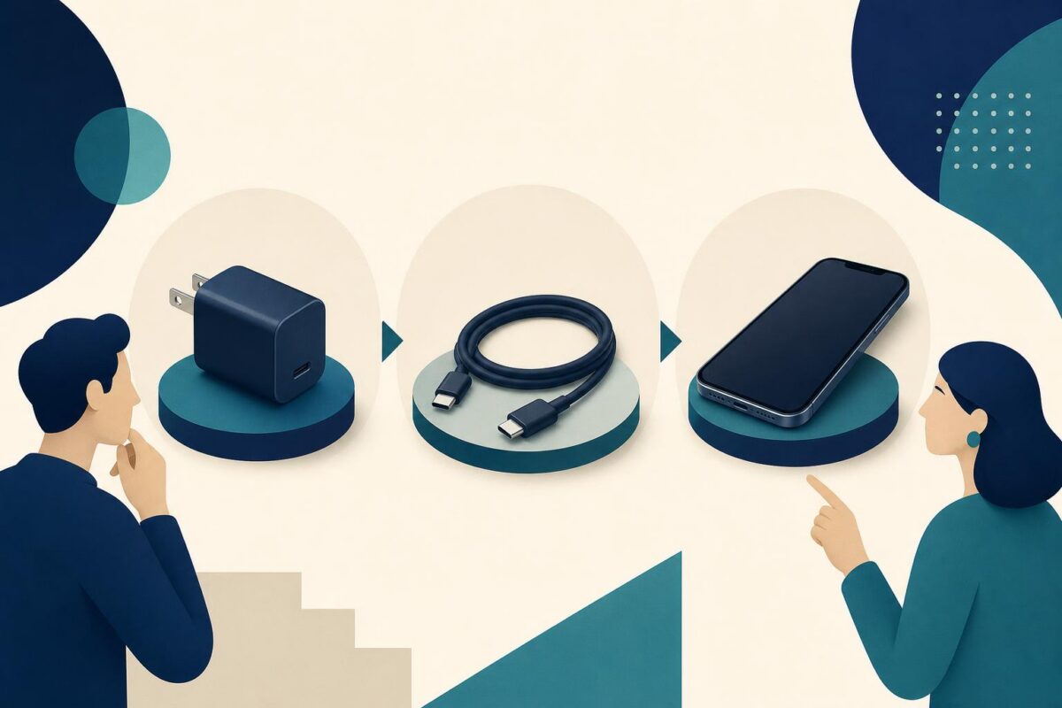 Charger, cable and phone shown as a complete charging chain