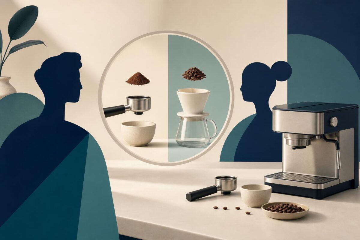 Breville visual support concept showing an espresso machine, coffee preparation tools and people sharing context