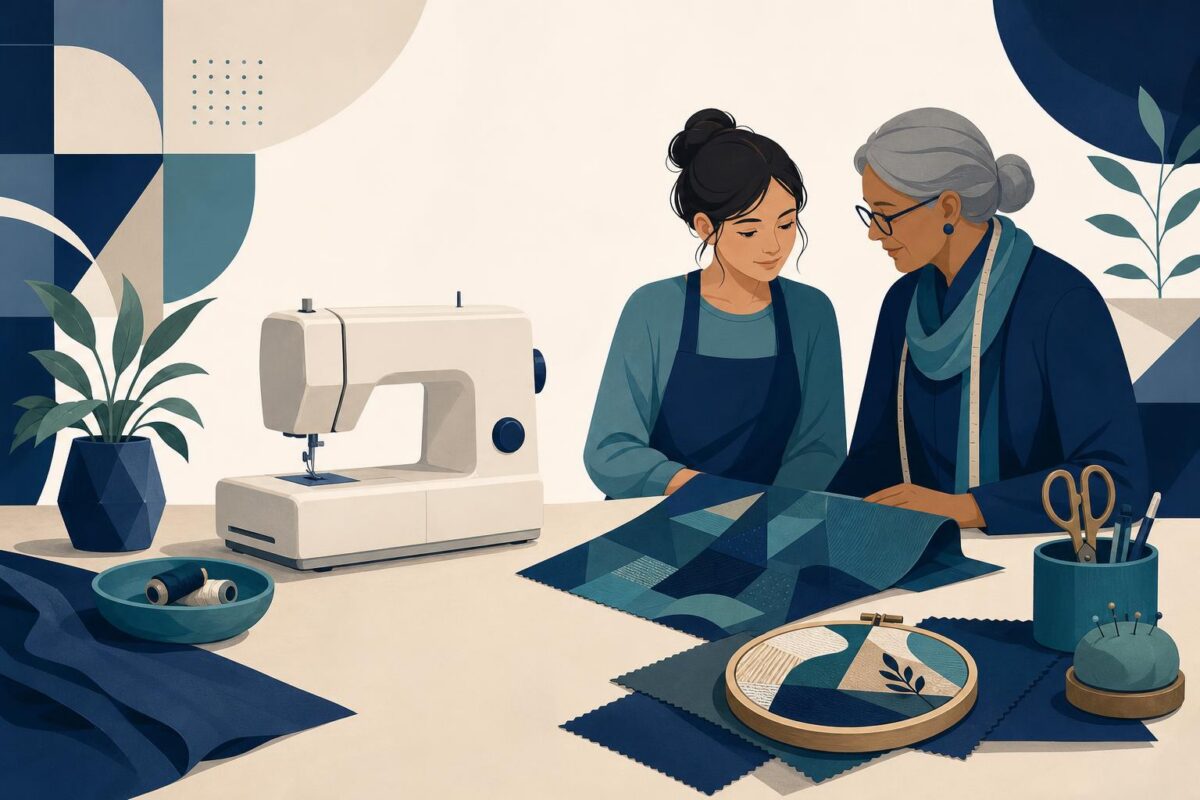 Brother visual support concept showing a sewing machine at rest and makers reviewing a fabric project