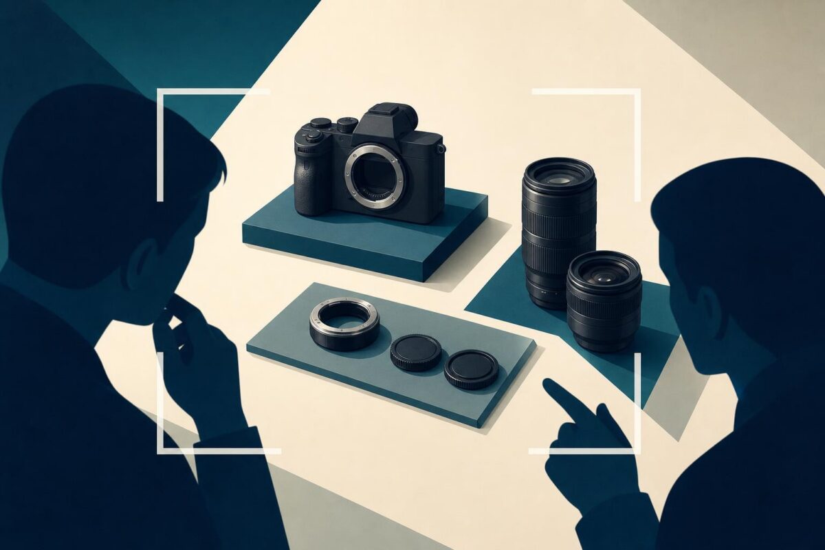 Canon visual support illustration showing a camera body, lenses and adapter components under shared observation