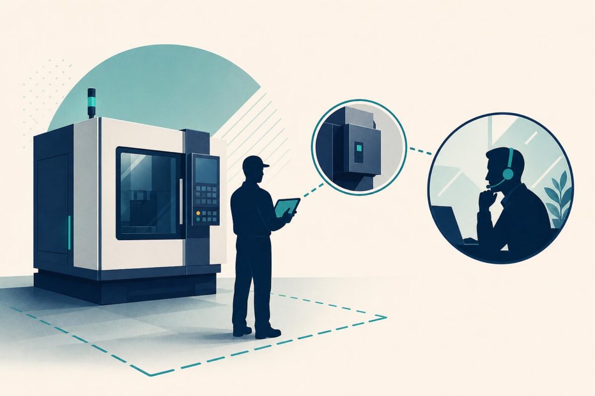 CNC machine support illustration showing enclosed equipment and a remote expert