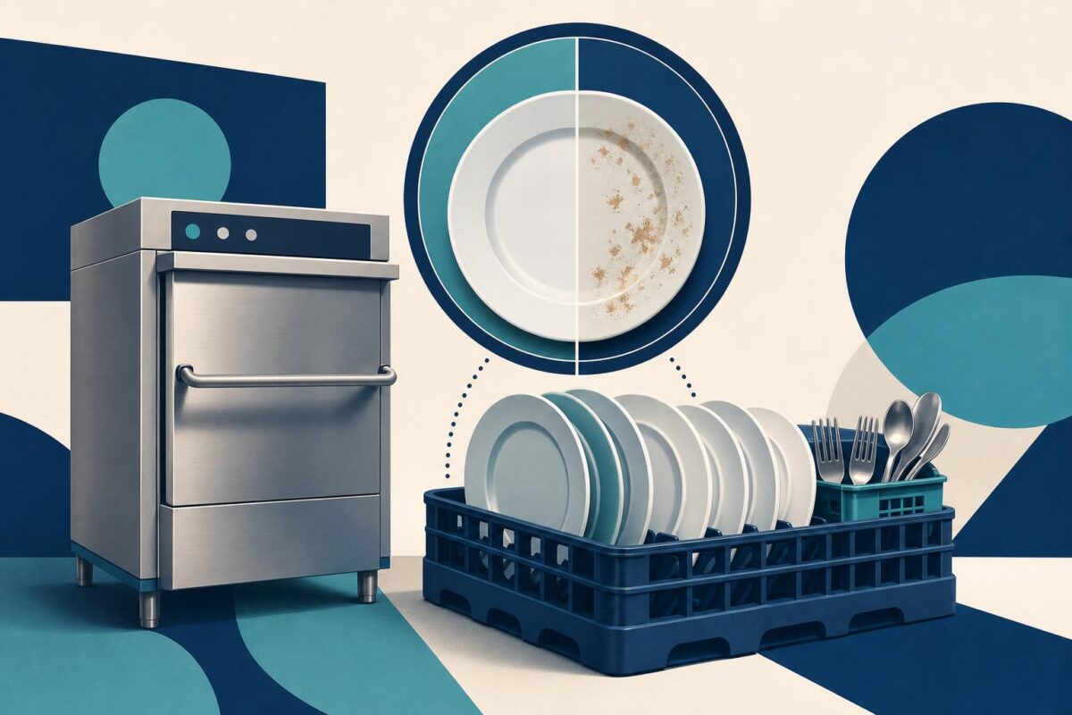 Commercial dishwasher support illustration showing a commercial dishwasher, loaded rack and observed dish result