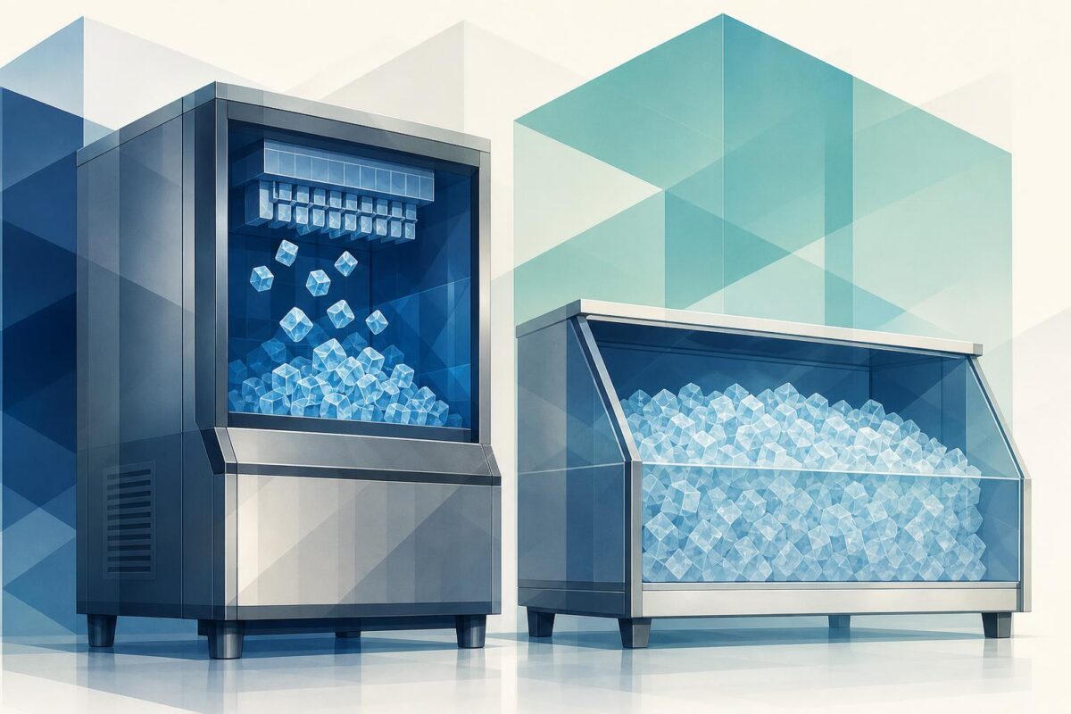 Commercial ice machine support illustration showing an ice-making machine and separate storage bin