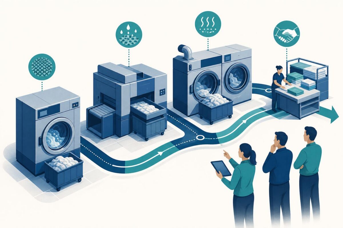 Commercial laundry support illustration showing commercial laundry stages and a load moving between machines