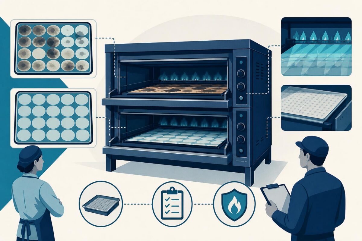 Commercial oven support illustration showing a commercial oven and contrasting tray outcomes