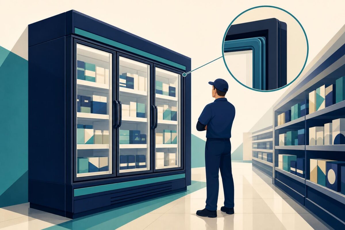 Commercial refrigeration support illustration showing commercial refrigerator cabinets and a magnified door seal