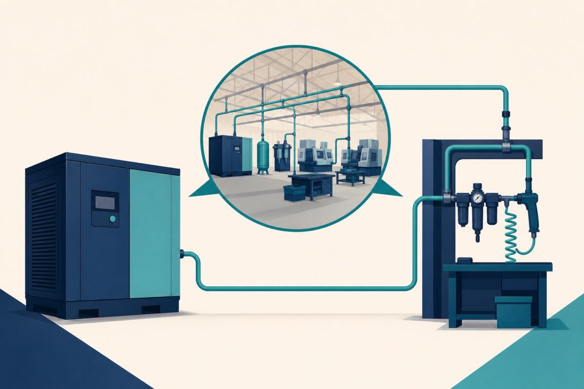 Compressed air support illustration showing a compressor and downstream equipment