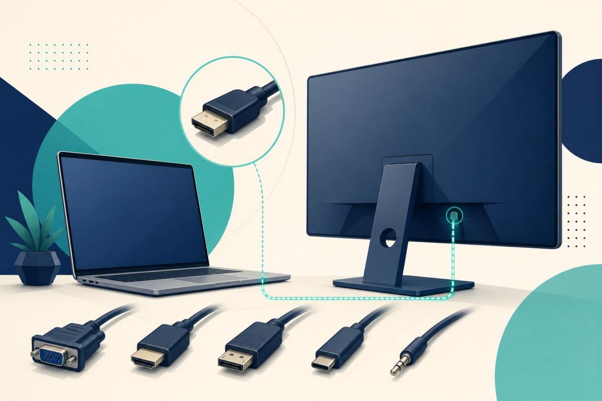 Computer monitor support illustration showing a computer, display and different cable connectors