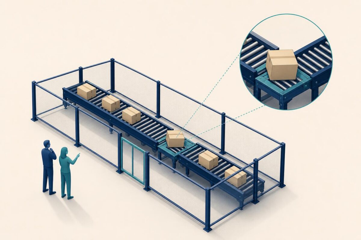 Conveyor support illustration showing guarded equipment and a transfer point