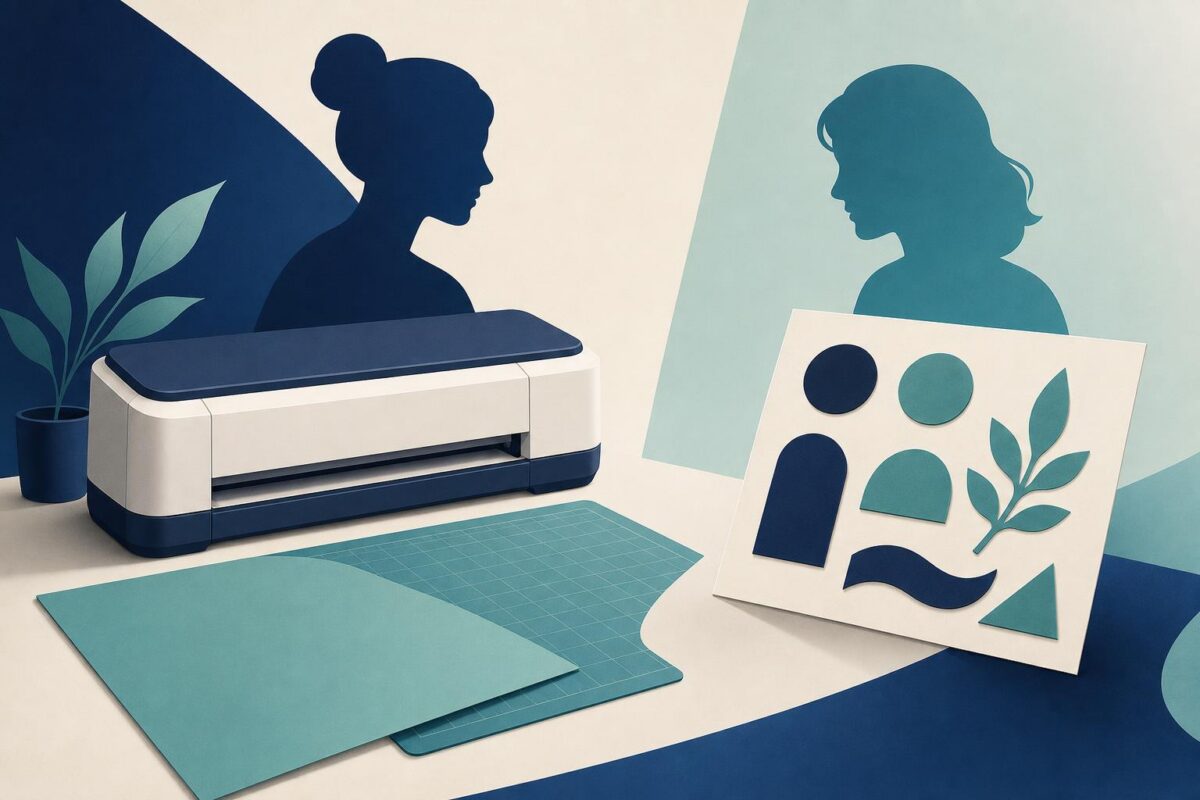 Cricut visual support concept showing a craft cutting machine, material and separate design shapes