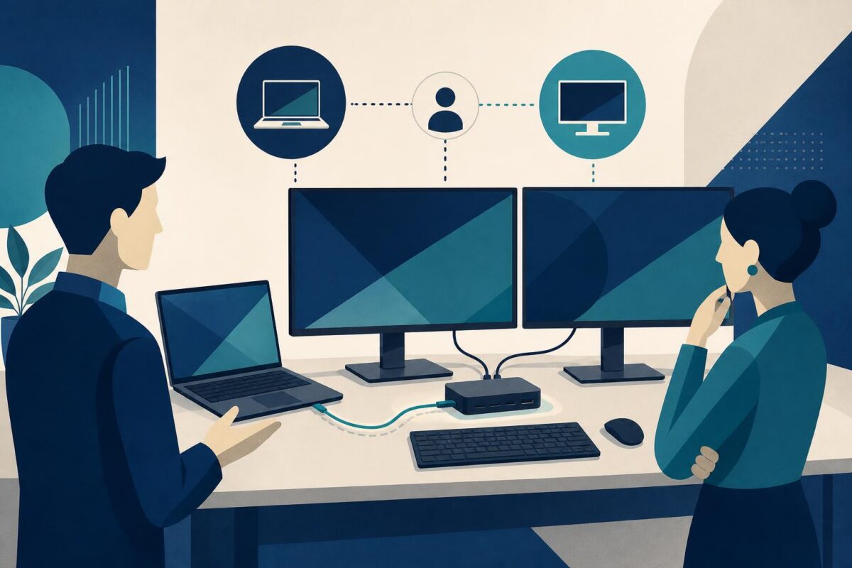 Computer, docking station and monitors in a shared workspace support discussion