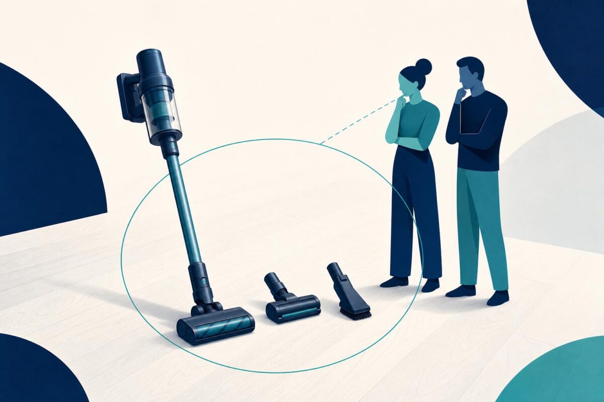Dyson visual support concept showing a cordless vacuum and different attachments considered by two people