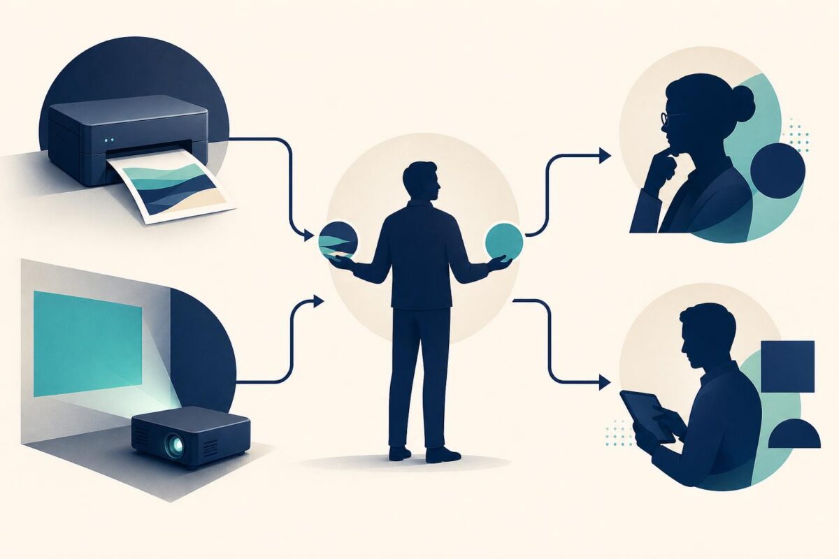 Epson visual support concept showing printer and projector observations routed to different support specialists