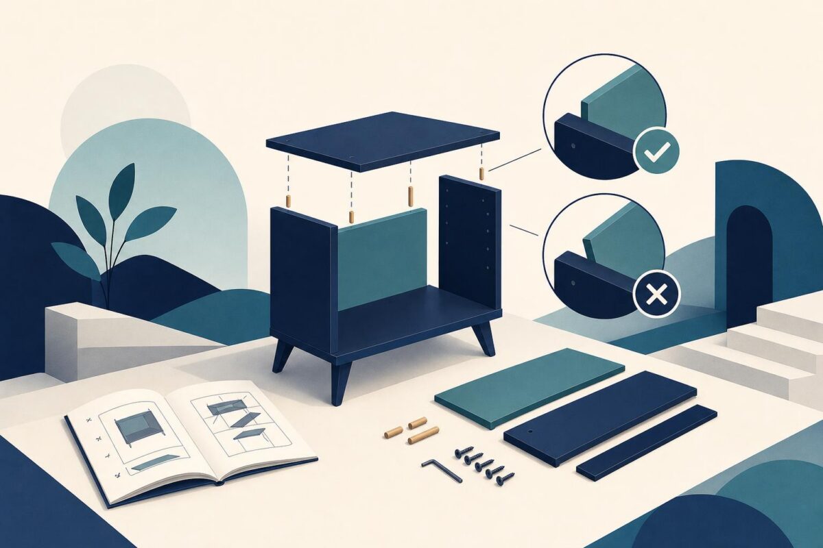 Furniture pieces, instructions and assembly orientation