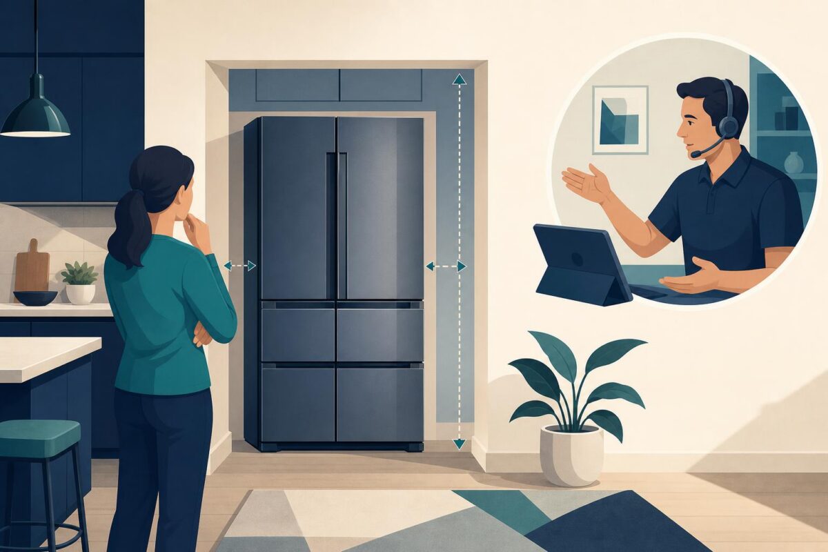 GE Appliances visual support concept showing refrigerator installation context