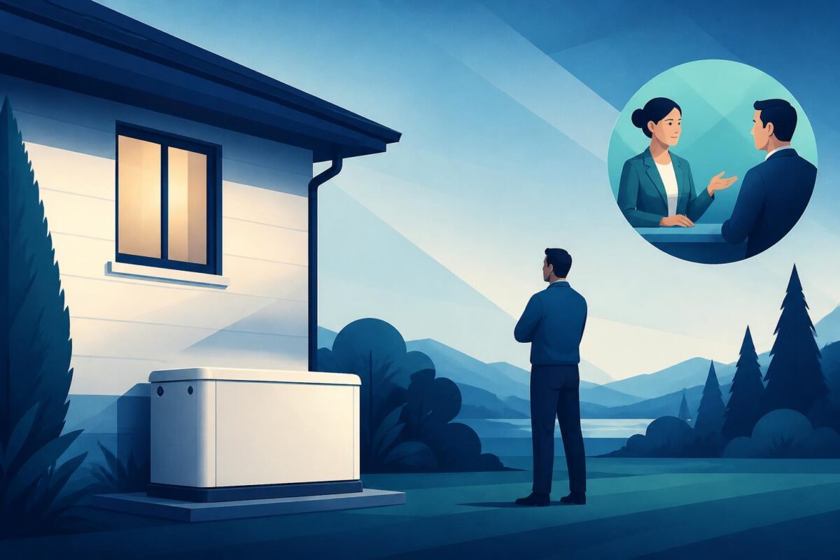 Generac visual support concept showing a closed standby enclosure and safe exterior context