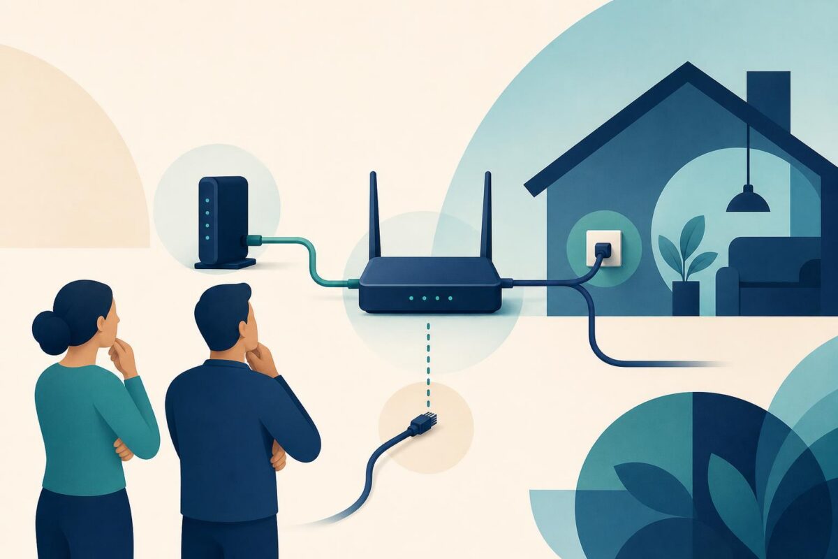 Home router support illustration showing a router, modem and a disconnected cable under shared inspection