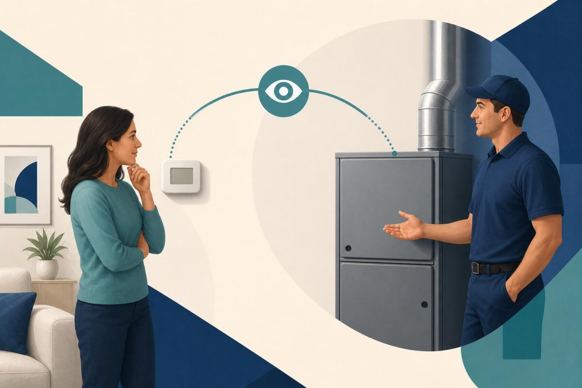 Homeowner and HVAC contractor sharing a thermostat service context