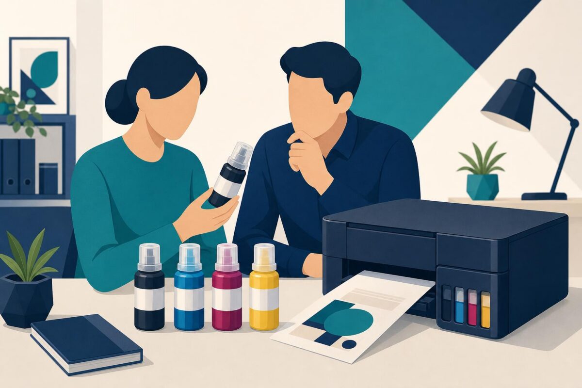 Hp visual support illustration showing a printer, sealed supply bottles and two people confirming an item