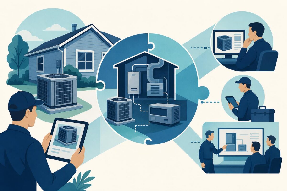 Hvac service triage illustration showing HVAC equipment and site context across support handoffs