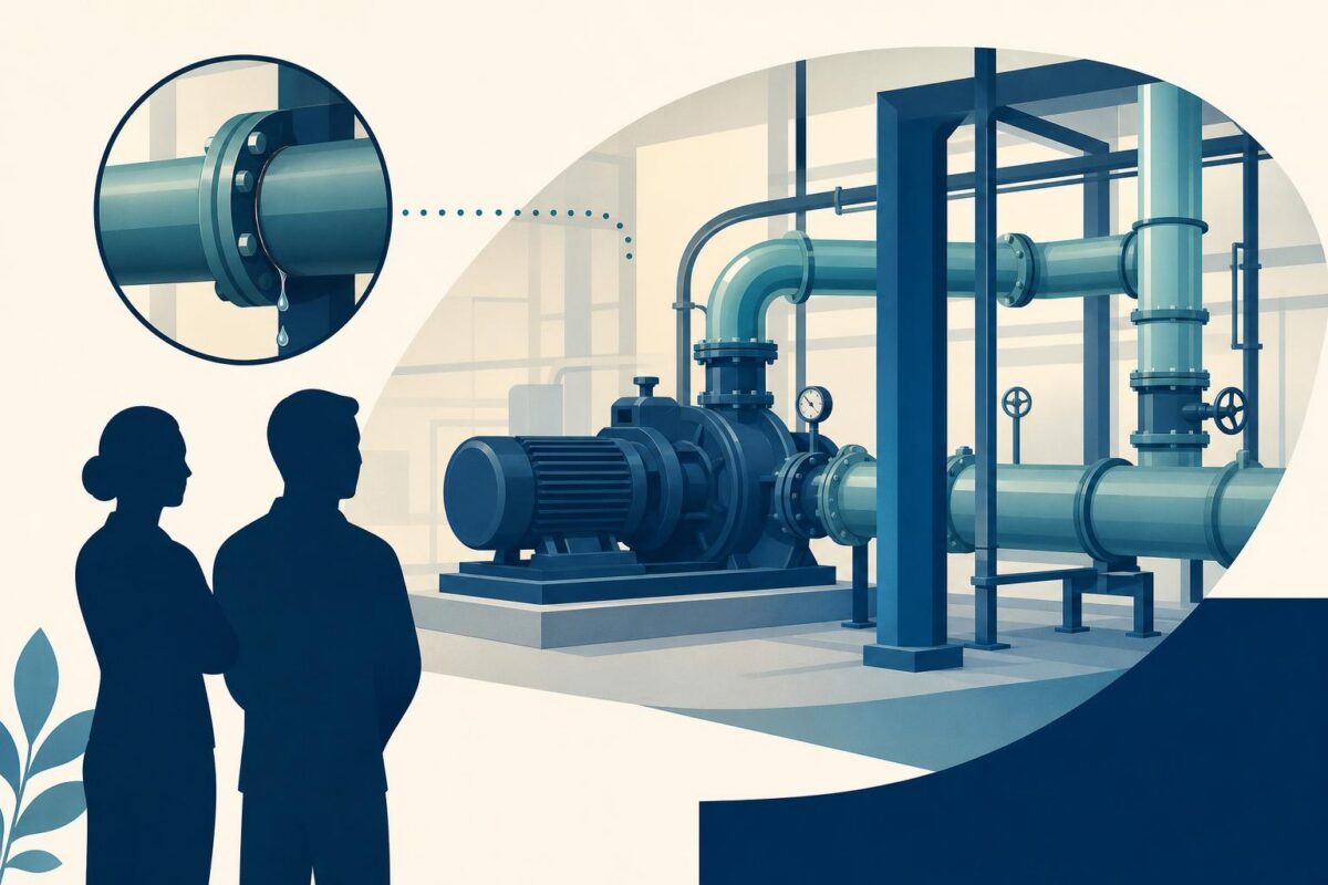 Industrial pump support illustration showing a pump, pipework and observers