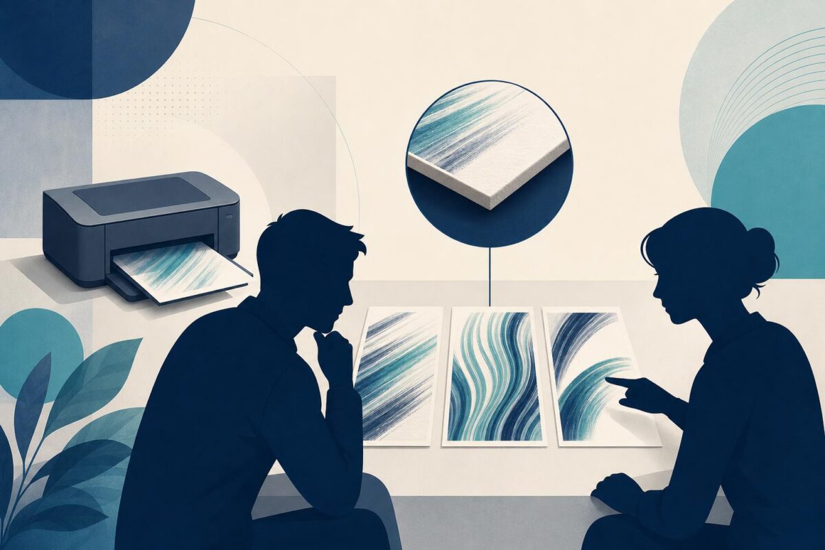 Inkjet printer support illustration showing two people comparing printed output