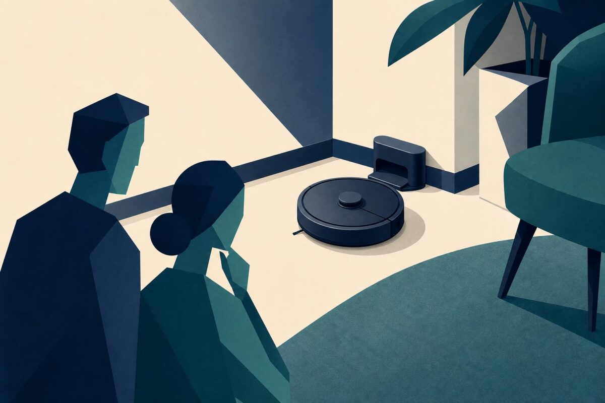 Irobot visual support concept showing a robot vacuum, charging base and nearby room layout